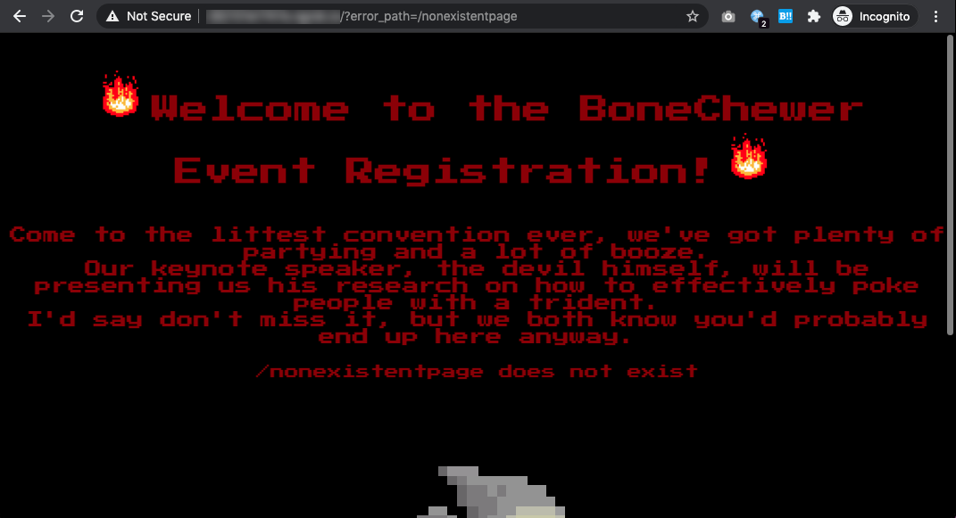 BoneChewerCon's home page with a message "/nonexistentpage does not exist"