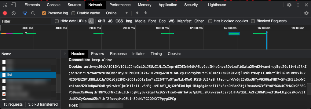JWT cookie as seen in the network request to /list endpoint