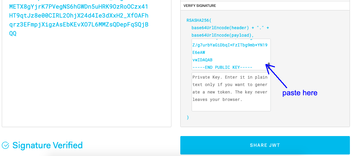 Pasting the public key in jwt.io shows signature verified