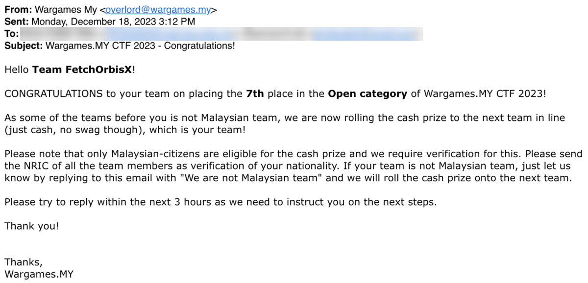 Official e-mail from Wargames.MY stating our team eligibility for the cash prize