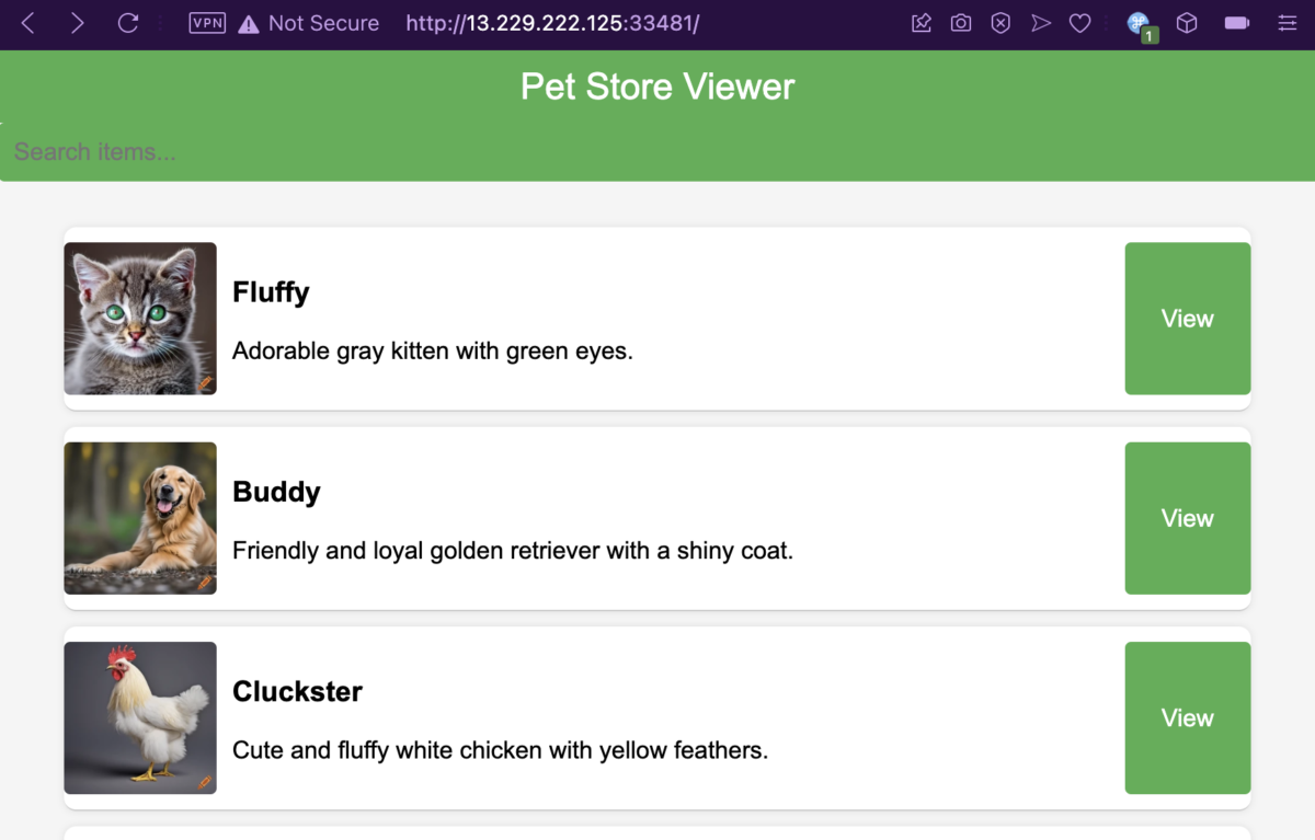 Index page of the Pet Store Viewer challenge web app