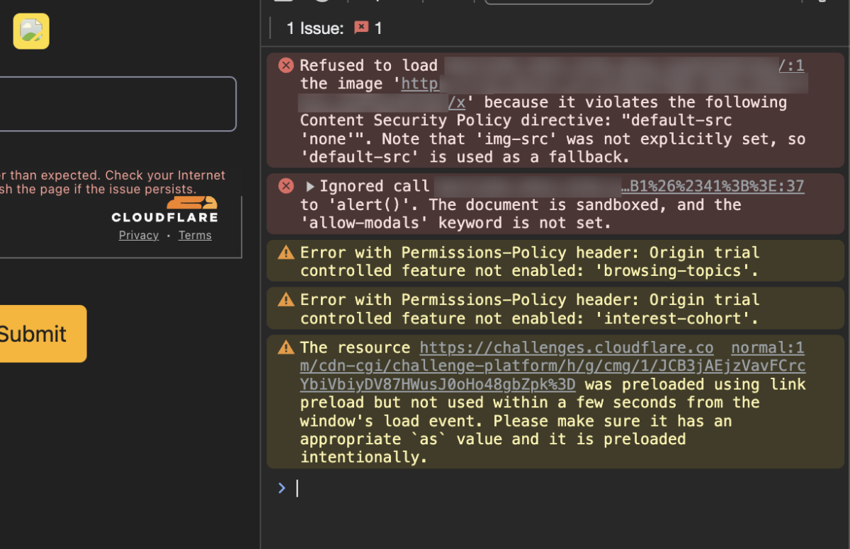 Error messages in DevTools console showing alert is blocked by CSP