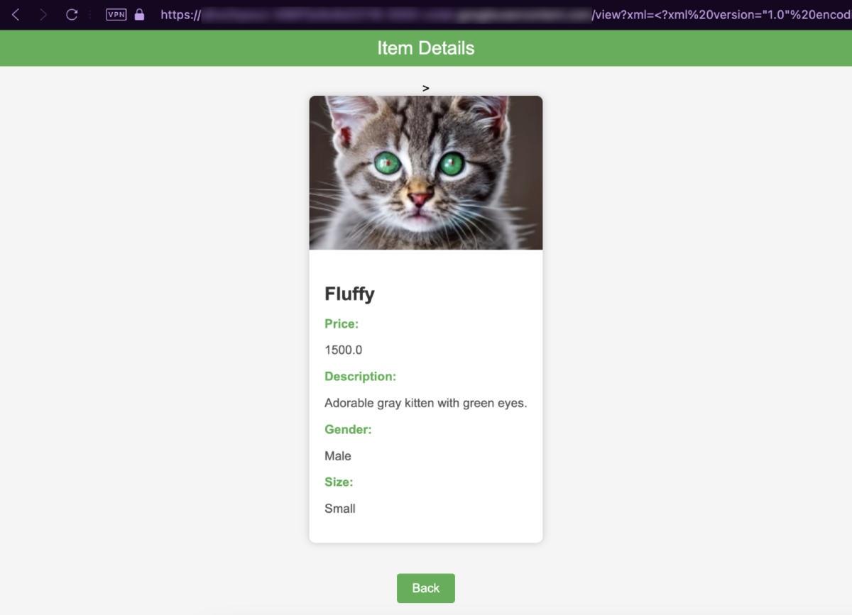 Details page of the Pet Store Viewer challenge web app